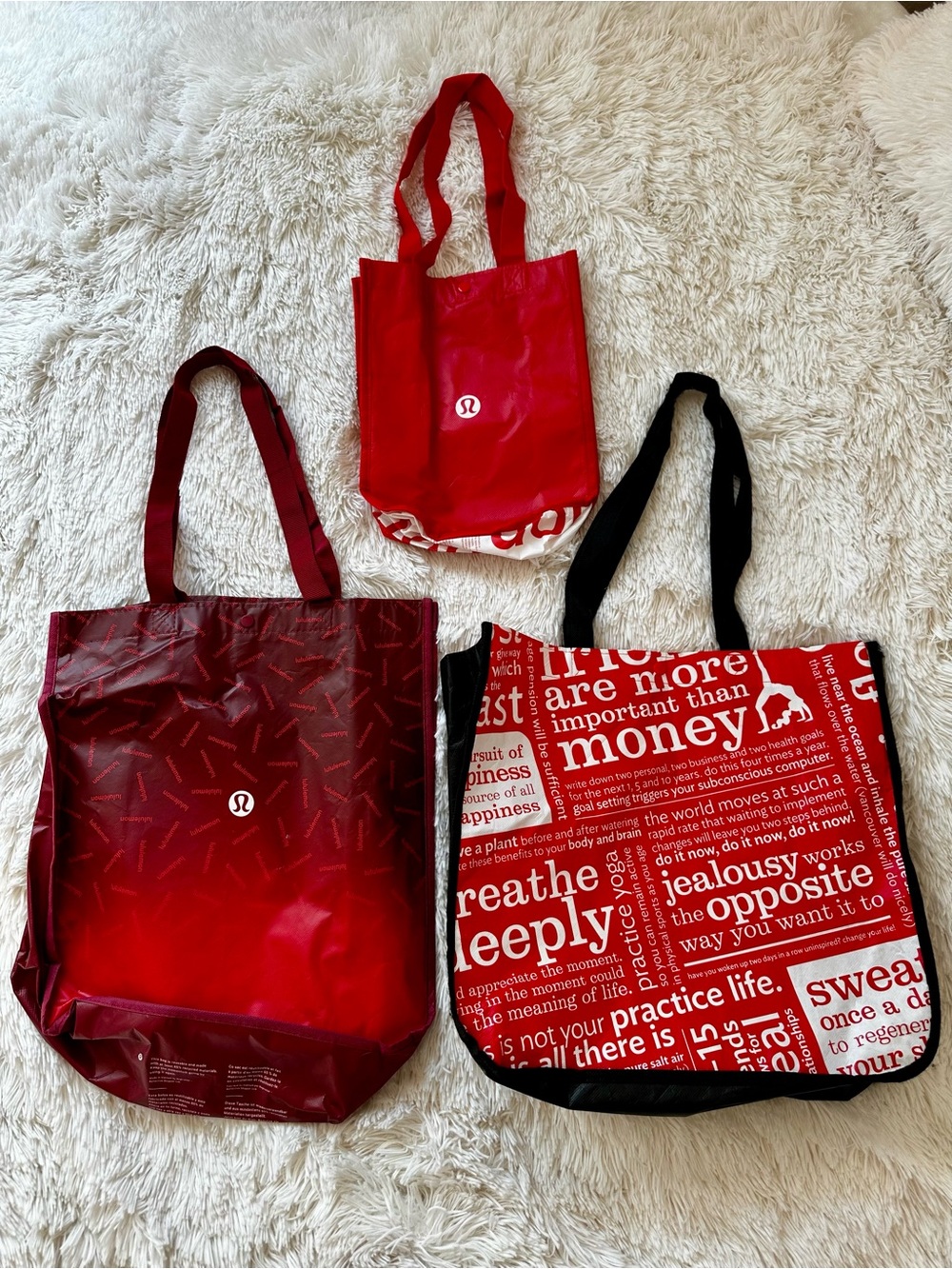 LULULEMON Reusable Tote Bags Lot of 3 Red Black White Large Small Shopping